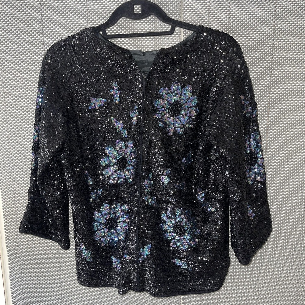 Vintage 90s Fully Sequin Black and Oil Slick Floral Cardigan Jacket sz 40 Medium